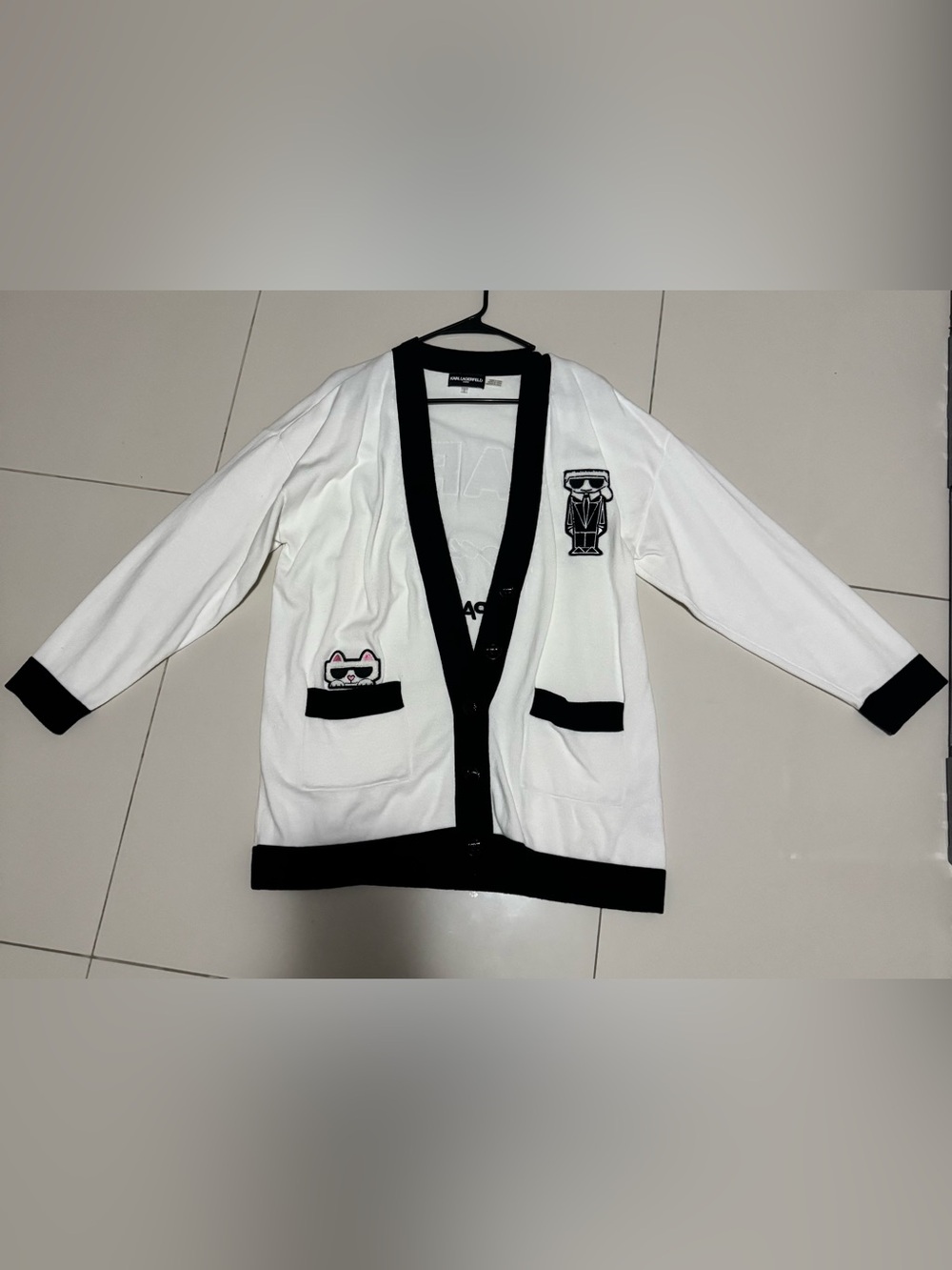 Karl Lagerfeld White Cardigan with Black Trim and Icon Patches (NEVER USED)